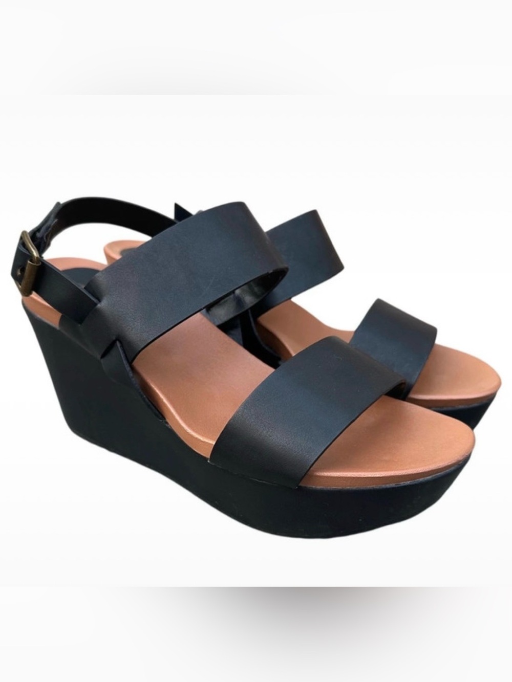 Bamboo Black Platform Wedge Sandals Size 7 EU 37 Ankle Strap Like New